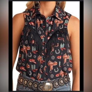 Rock and Roll Denim Conversational fringe snap top size S